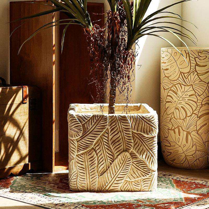 室外极简镁泥花盆方形轻奢绿植盆北欧风落地特大花器客厅装饰摆件