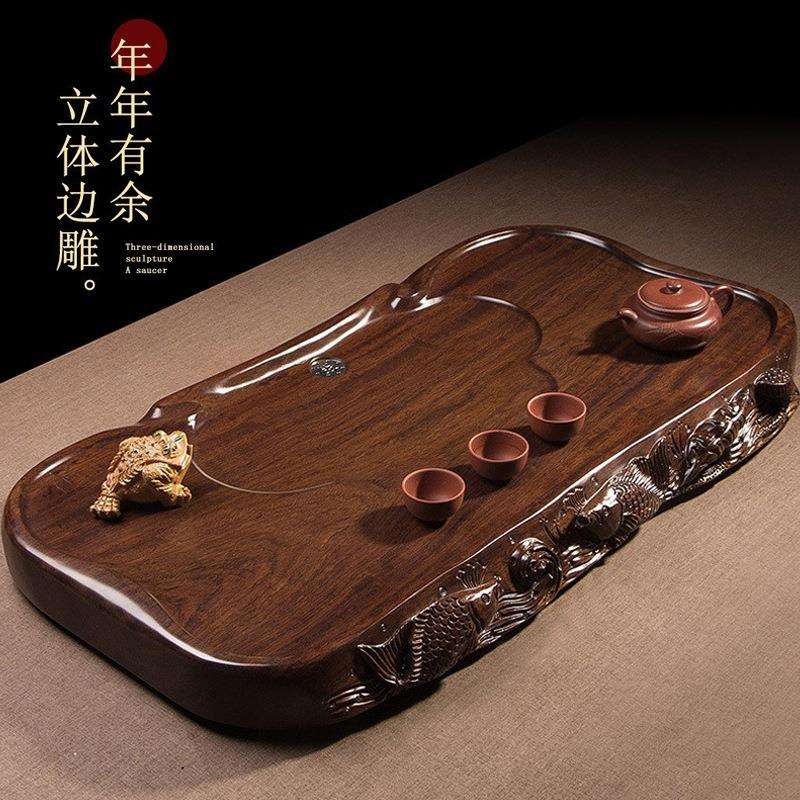 整块实木黑檀木茶盘高档茶海手工立体边雕刻大号茶台家用茶托
