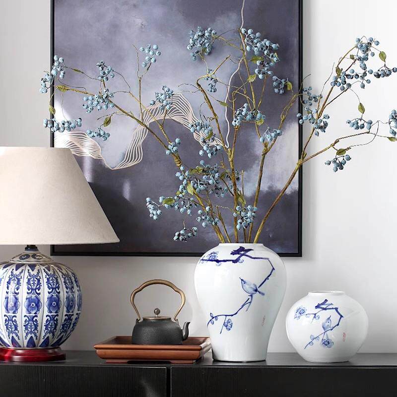 陶瓷青花瓷花瓶摆件中国风新中式 手绘腊梅花器客厅玄关