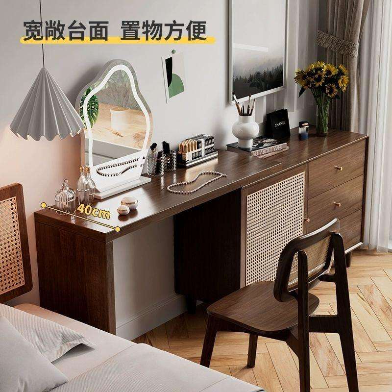 爆款实木斗柜桌斗家用储物可伸缩可转角藤编化妆书桌梳妆台