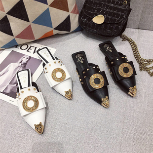 女2021春季 金属扣J尖头外穿拖鞋 新款 时尚 低跟平底凉拖 韩版 半拖鞋