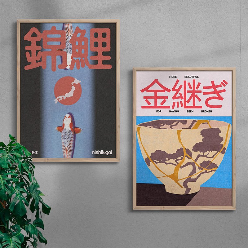 日式锦鲤海报装饰画小众餐厅客厅背景墙组合挂画当代艺术个性壁画图片
