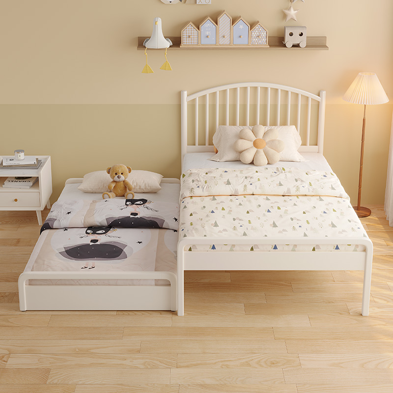 单人床1米2儿童拼接床白色实木床现代简约一米宽抽拉床子母床拖床