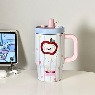 可爱办公室吸管保温杯带把手陶瓷内胆女生高颜值水杯子桌面大容量