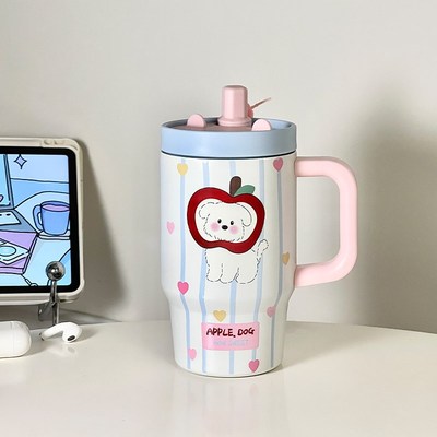可爱办公室吸管保温杯带把手陶瓷内胆女生高颜值水杯子桌面大容量
