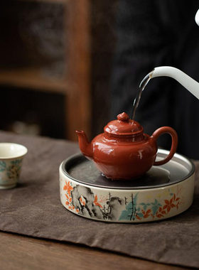 锡盖陶瓷蓄水茶盘功夫茶具工笔画花E鸟双层简约彩绘壶承干泡茶台
