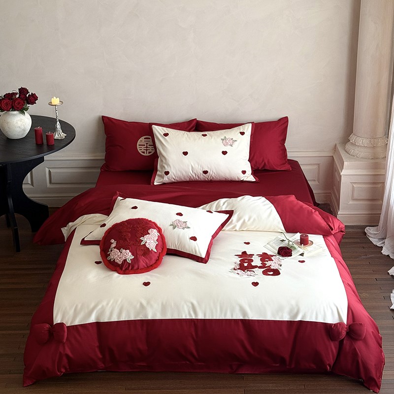 小爱心玫瑰100S长绒棉全棉结婚四件套被套婚庆床上用品