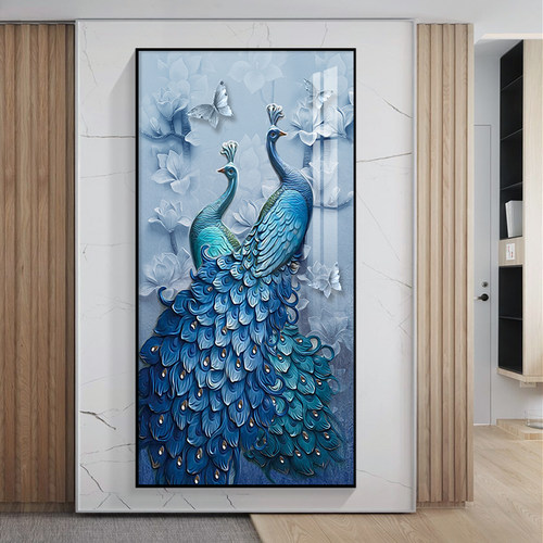 孔雀玄关装饰画简约风现代过道走廊尽头壁L画大气客厅竖版吉祥墙