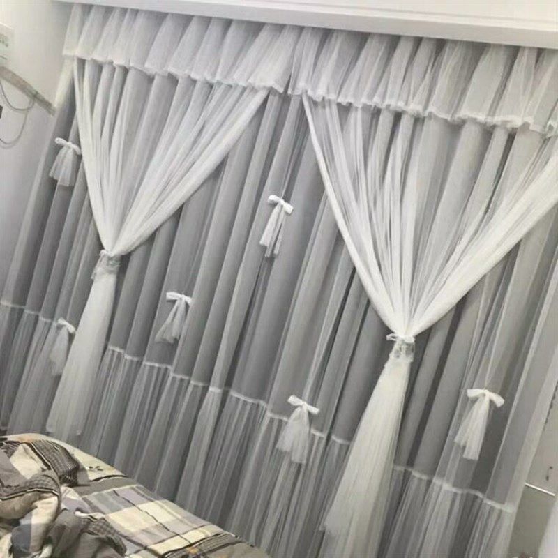 韩式成品定制梦幻公主婚房网红卧室客厅现代三层蕾丝遮光落地窗帘