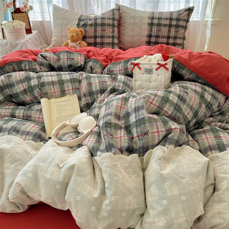 韩系公主房纯棉全棉四件套床上文艺双层纱床单被套学生单人三件式