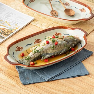 双耳陶瓷鱼盘家用2024新款大号蒸鱼盘子高颜值装鱼碟子菜盘釉下彩