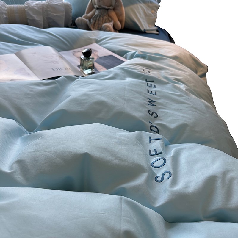 ins民宿公寓天蓝色床单被套床上用品四件套全棉1.5m1.8米纽扣枕套