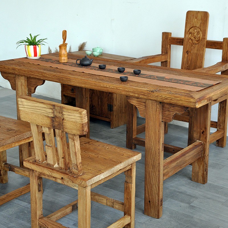 老榆木茶桌椅组合新中式禅意办公茶桌茶台家S用实木风化旧门板