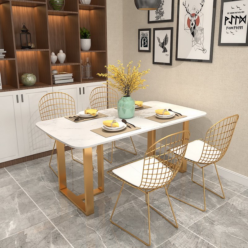 北欧大理石餐f桌椅组合餐台小户型餐桌家用简约铁艺金色长方形饭