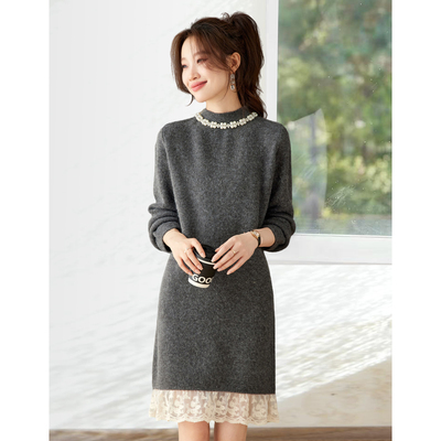 蕾丝拼接针织连衣裙女秋冬中长款