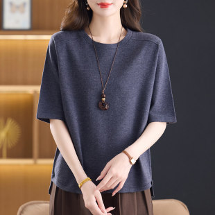 遮肚显瘦百搭半袖 上衣女宽松洋气大码 T恤 针织短袖 胖妈妈春秋新款