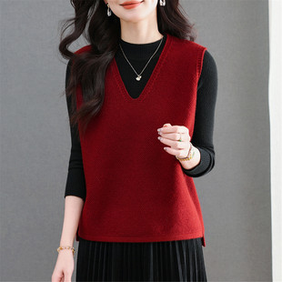 红色V领针织马甲背心女春秋季2026年新款高级感叠穿无袖软糯毛衣