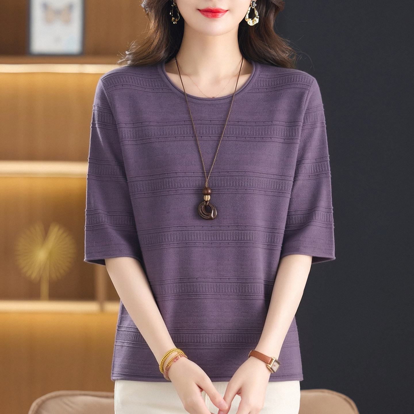 早秋妈妈中袖T恤女宽松显