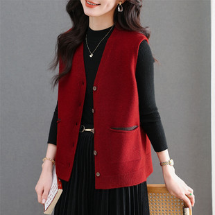 2026春秋新款红色V领钮扣针织马甲女士无袖开衫背心叠穿内搭上衣