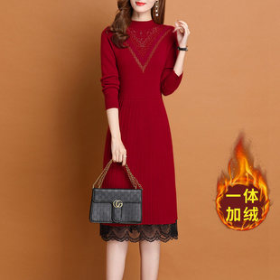 冬季加绒加厚蕾丝针织连衣裙女秋冬2024新款配大衣内搭打底毛衣裙