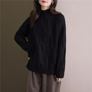 黑色麻花毛衣女款2025新款秋冬爆款加厚大码半高领粗线针织打底衫