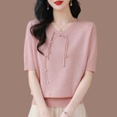 国风短袖 t恤女2025新款 夏季 新中式 桑蚕丝V领上衣妈妈洋派针织小衫