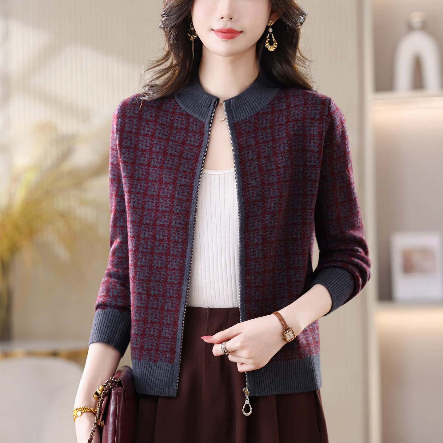 千鸟格立领毛衣外套女宽