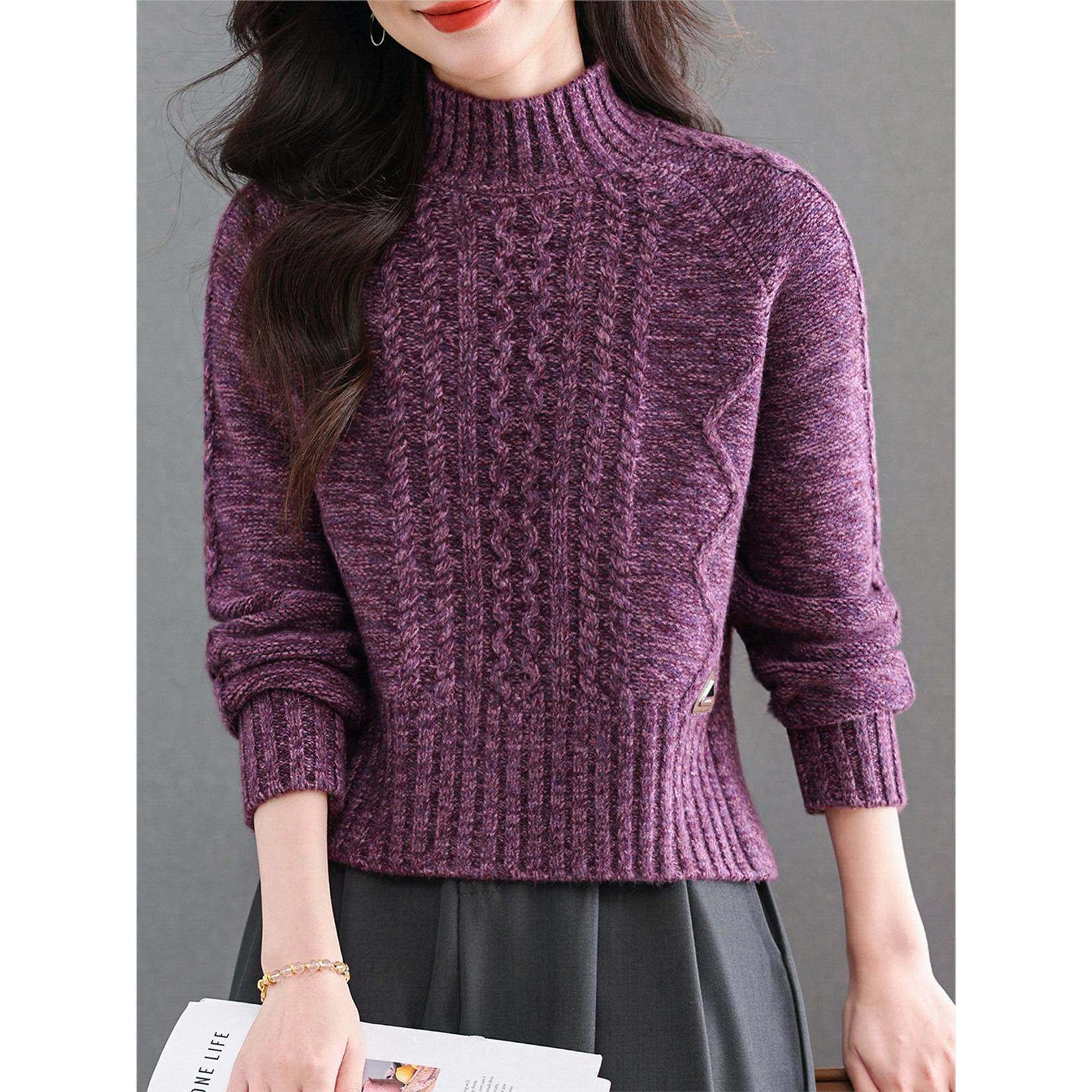 半高领紫色花纱针织毛衣女秋冬2025新款加厚短款打底衫内搭可外穿