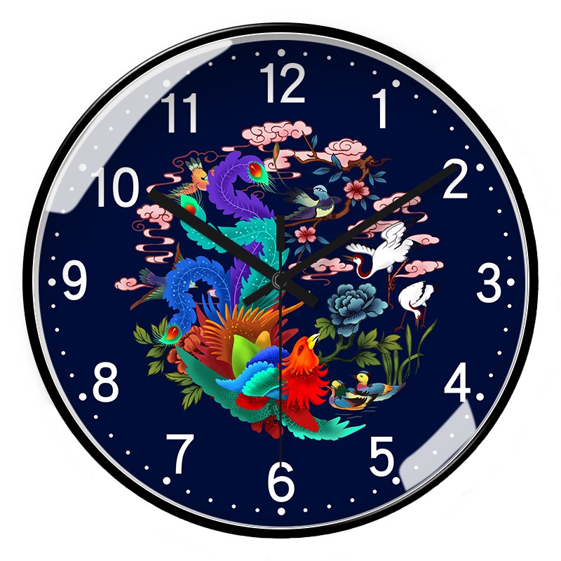 原创国潮百鸟朝凤石英钟国风潮流网红款挂钟室内T店用装饰电波钟