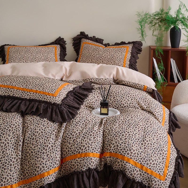 2025新款法式复古全棉皱皱纱四件套 1.J8m床单款四件套 橙光豹语