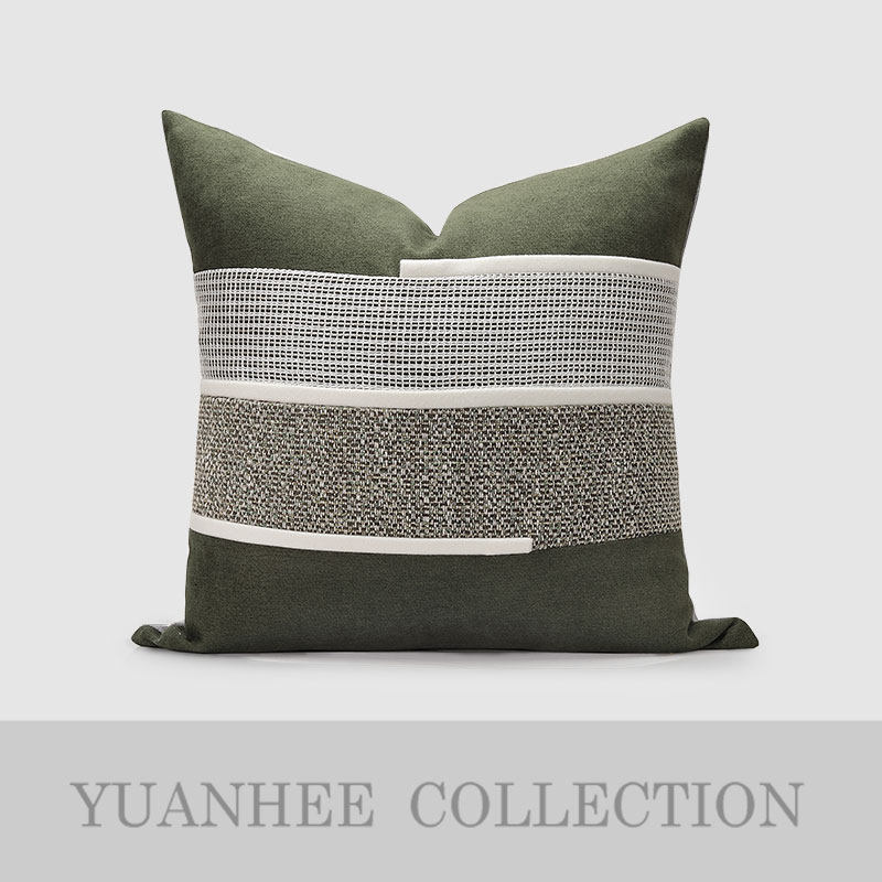 现代新中式简约主卧抱枕轻奢样板房F靠垫墨绿色拼豆角粗肌理纹靠