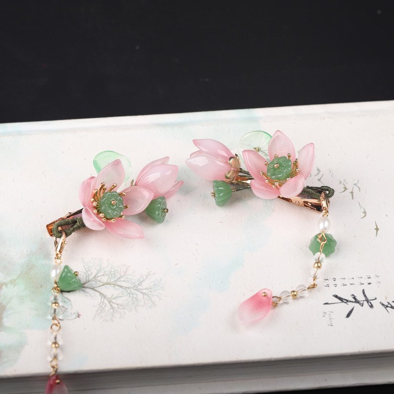 古风发饰a荷花发夹夏季日常清新荷叶头饰汉服配饰步摇流苏对夹边