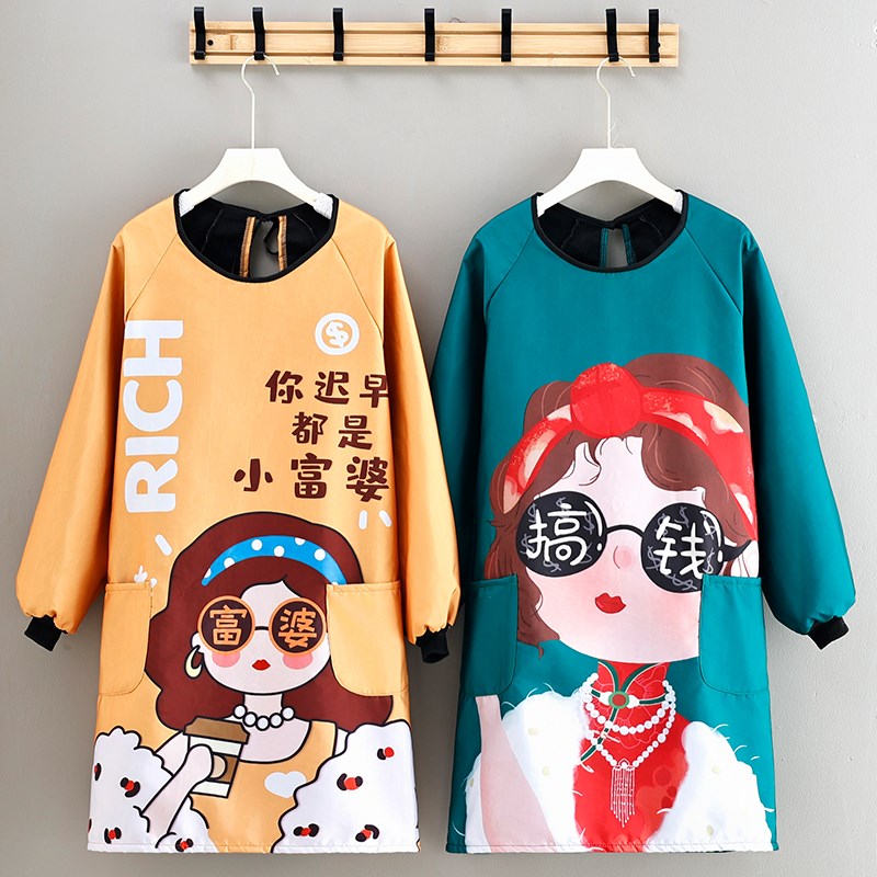 2023新款加绒个性加o厚长袖围裙家用厨房防水防油logo定制专用罩