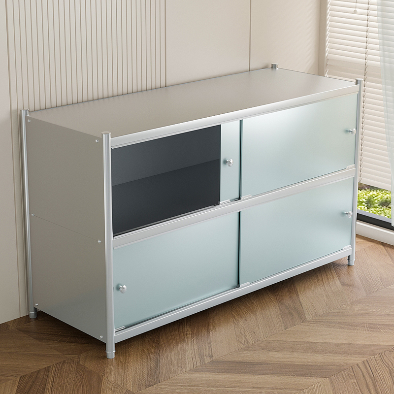 厨房置物架家用不锈钢货架带柜门收纳微波炉菜Q架子落地式多层橱