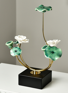 新中式茶室荷花摆件客p厅玄关电视柜博古架家居装饰品乔迁新居礼