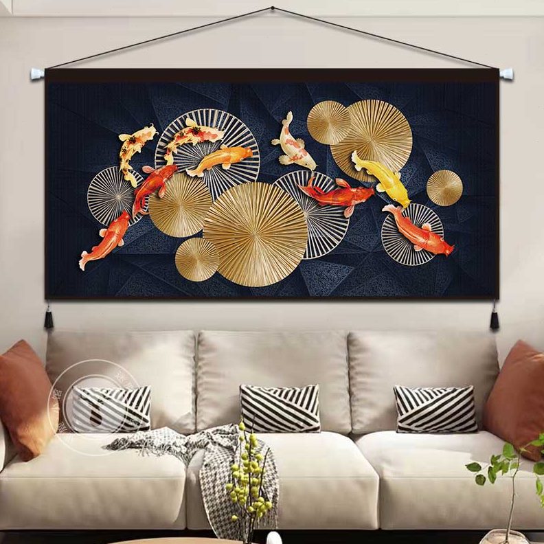 玄关装饰中式九鱼图背景墙挂毯挂画招财走廊轻奢入户布艺挂布客厅图片