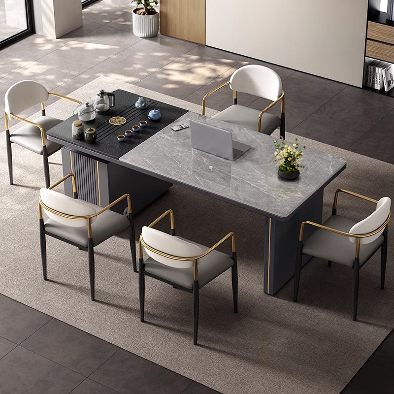 现代办公茶桌一体办公室轻奢岩板茶桌椅组合书Q桌两用办公桌带茶