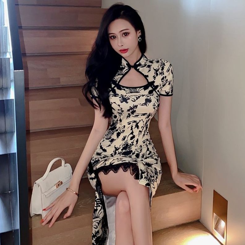优雅夏季收腰衩年轻款气质味蕾丝女人改良旗袍中长款开性感连衣裙