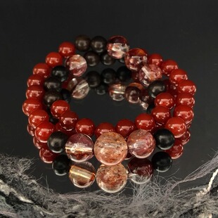 【暖红复古双圈手串】牛血红胶花黑金超七沉香红玛瑙圆珠通透叠戴
