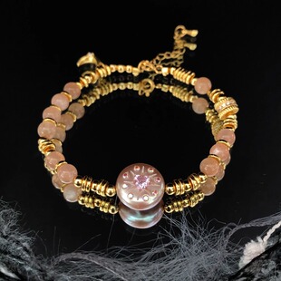 【甜美金太阳手链】粉色心形镶钻串珠银镀金月亮车轮隔片温润珍珠