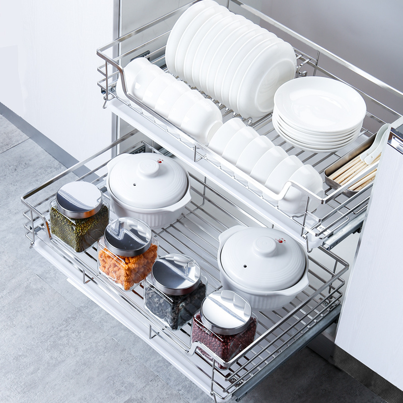 龙海森拉篮厨房双层小拉篮30z4不锈钢调味篮厨柜碗碟碗篮架抽屉式