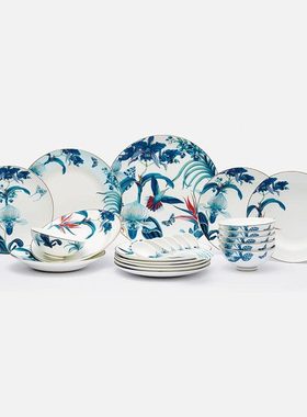 套装六美24餐具碗碟件套人洗碗机骨瓷可微波炉蓝色精组合花园组合