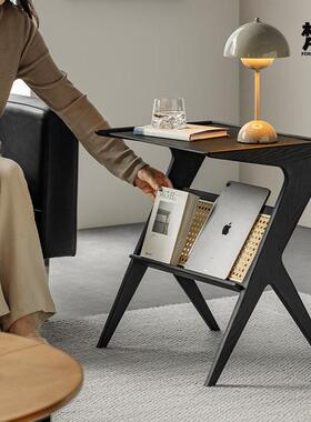 梵也家具黑色白蜡木边几小茶几客厅沙发床头置物架藤编书报杂志架