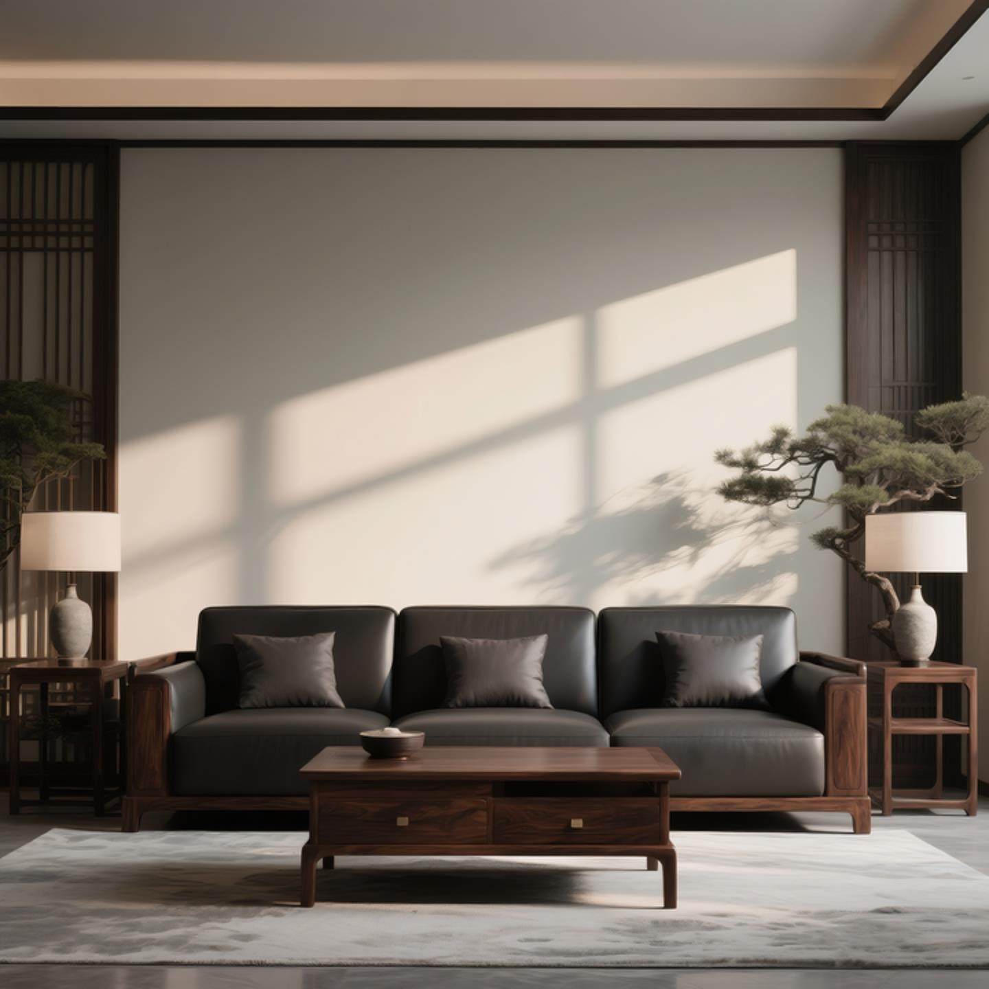 新中式北美黑胡桃木沙发组合客现代简约轻奢真皮实木沙发会客家具