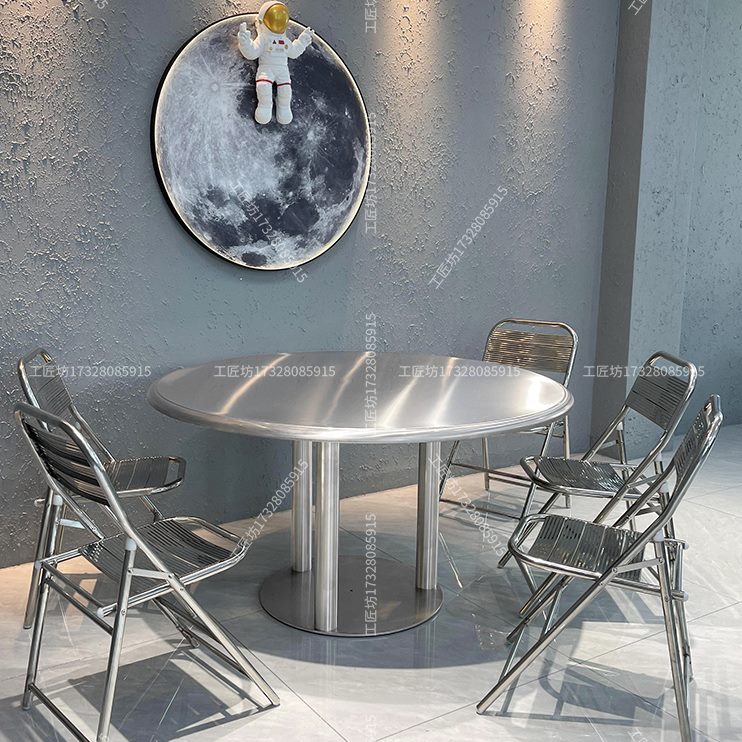 饭堂餐厅火锅档店工业风加厚排大家用餐桌大圆桌桌椅组合不锈钢桌