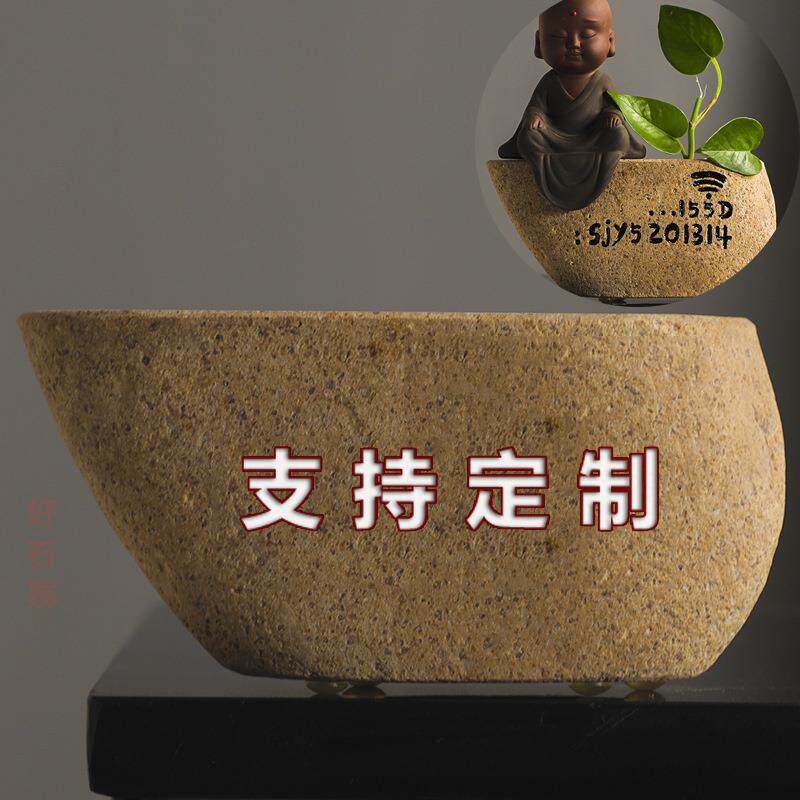 石头底座刻字花器玄关摆件 禅意空间办公桌收银台石点缀装饰品