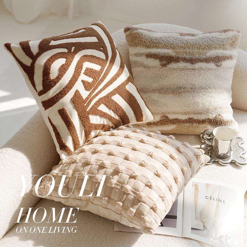 奶油色床上复古风棕色打结抱枕套沙发咖色腰靠枕床头靠垫含芯名宿