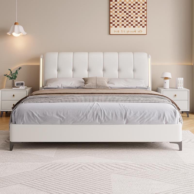 意式轻奢奶油风皮床现代简约小户型主卧双人智能感应灯储物皮艺床