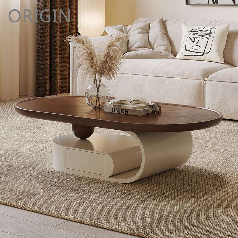 奶油风茶几客厅实木创意中古风现代简约极简北欧胡桃色设计师椭圆
