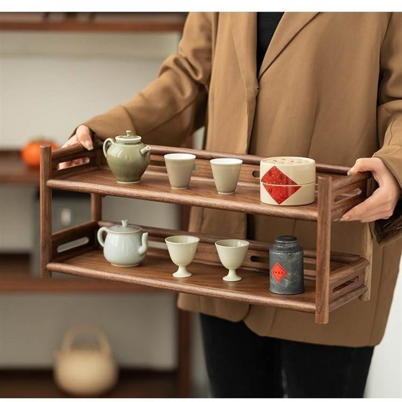 北美黑胡桃木双层壶架南美胡桃木置物架功夫茶具收纳架Y紫砂茶壶